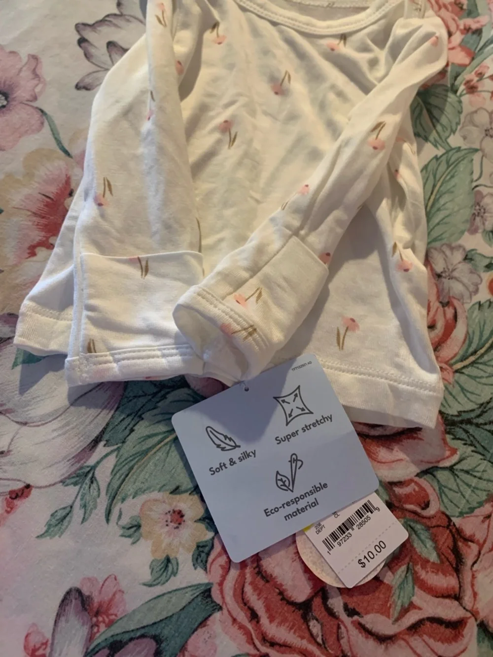 Carters White Long Sleeve Baby Top with Pink Floral Sprigs Newborn Size 0